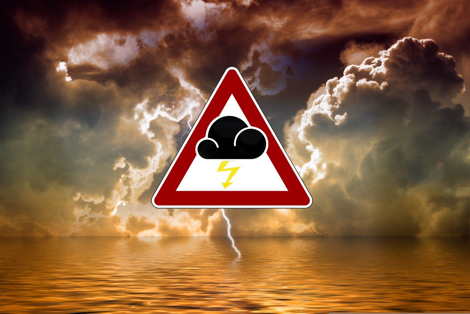 A weather warning icon over a storm